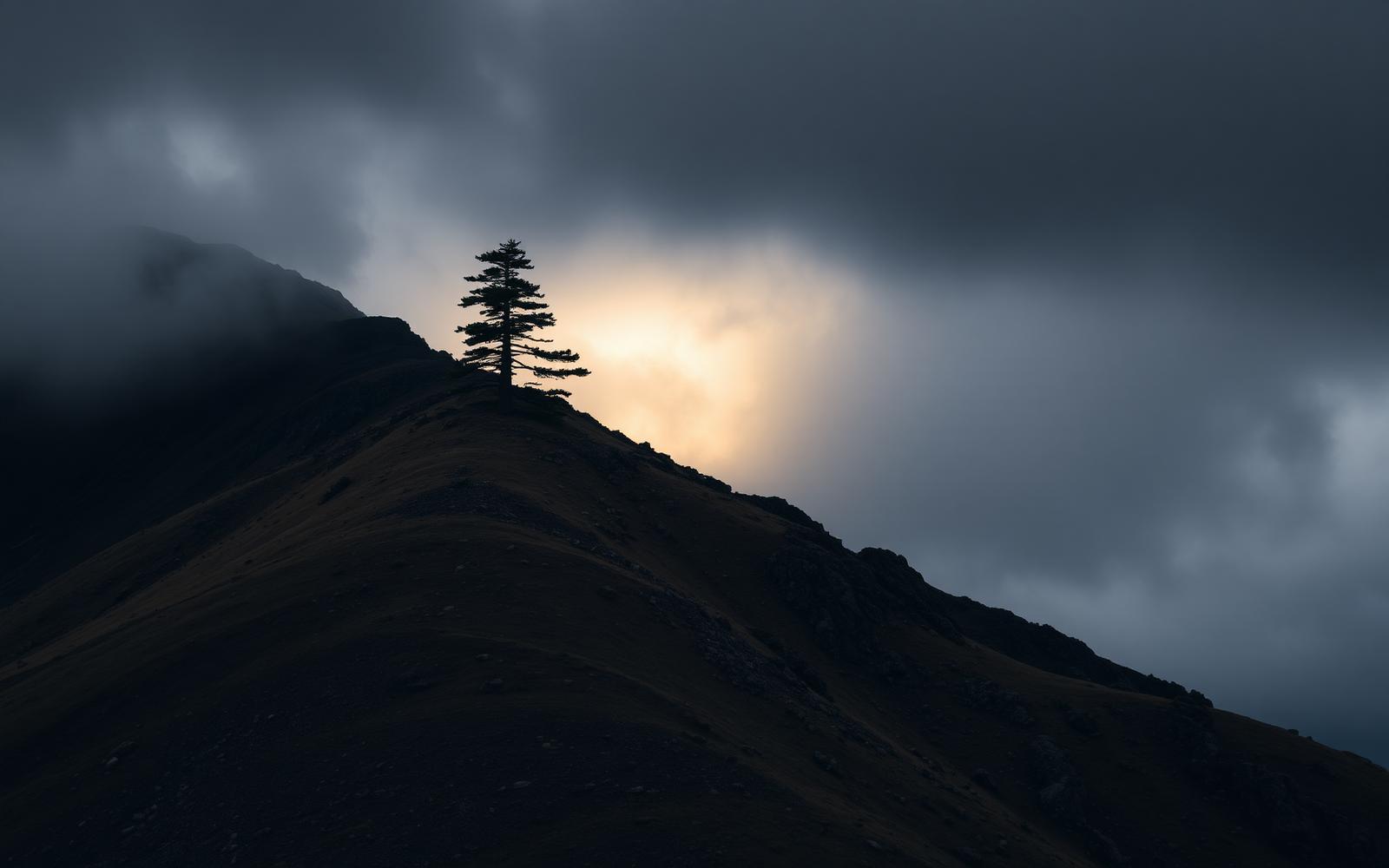 Darkened mountain with a shaft of light falling on a single pine