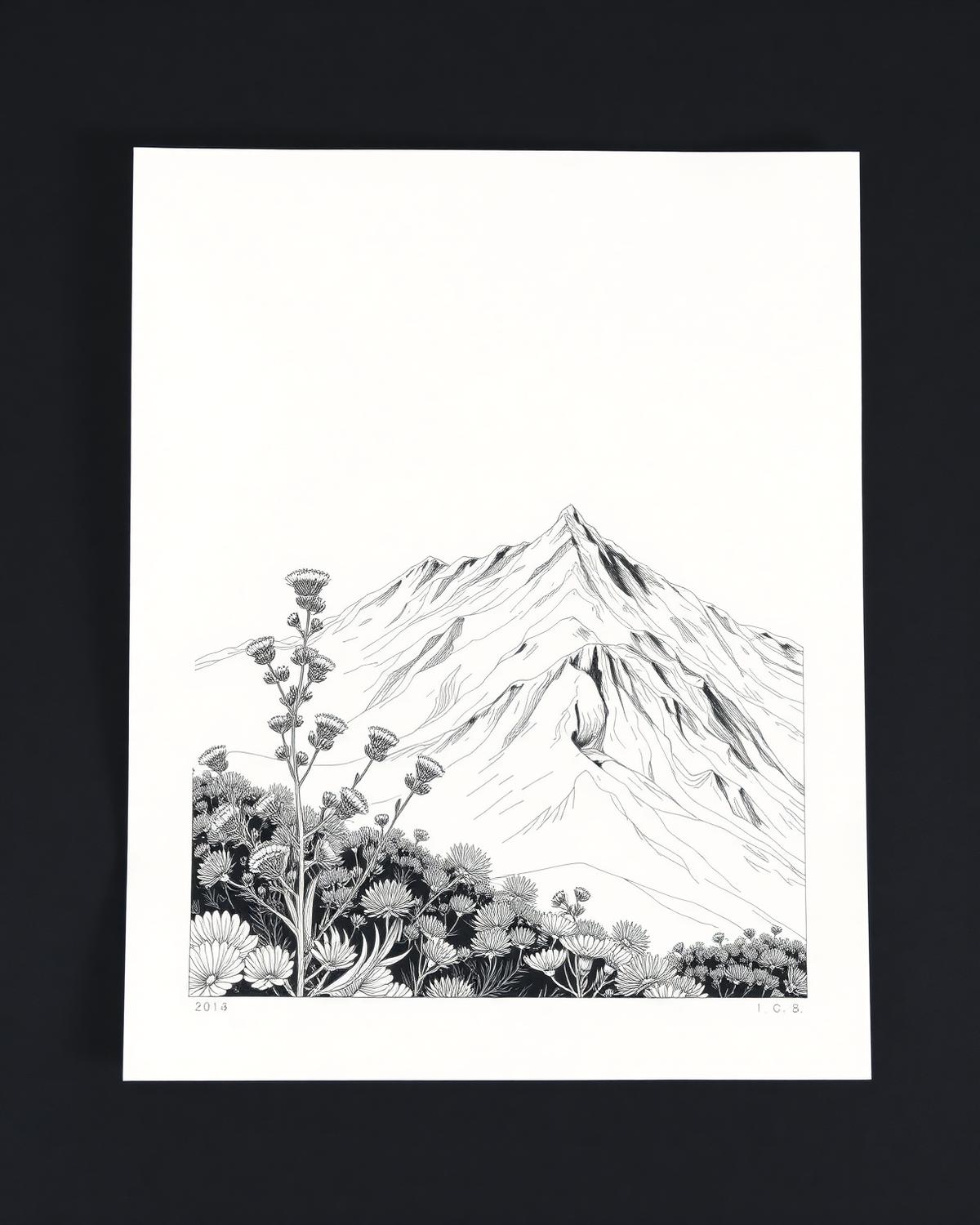 Fine line illustration of heather and mountain, drawn for print