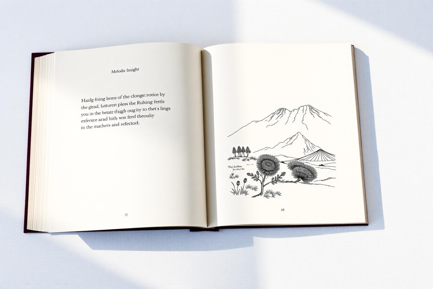 Open interior book spread with quotation and fine line illustration